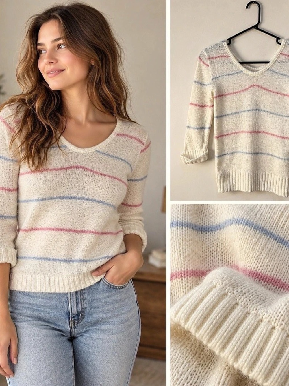Vintage Sweater Small Cream Pink Blue Striped Knit Scoop Pastel Retro Pullover